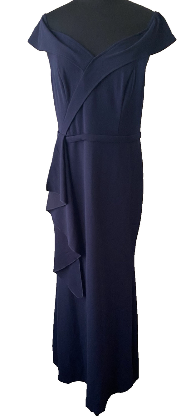 NWT Alisa Pan Ruffled Formal Maxi Dress Womens Size XL Navy Off Shoulder
